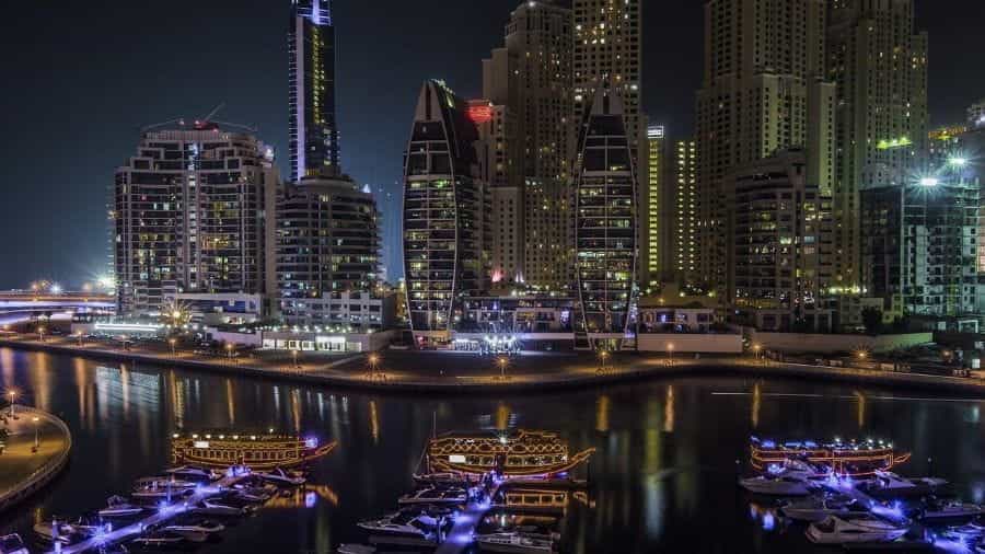 The skyline of Dubai at night time.