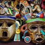 Colorful painted wooden masks in Mexico.