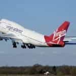 A Virgin Atlantic airplane takes off.