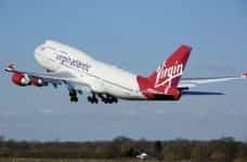 A Virgin Atlantic airplane takes off.