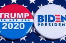 2020 US election buttons for the Trump and Biden campaigns.
