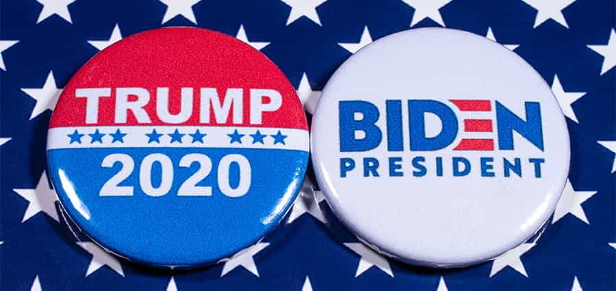 2020 US election buttons for the Trump and Biden campaigns.