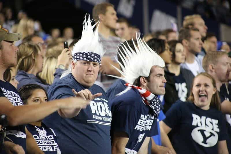 Brigham Young football fans in the bleachers at an NFL football game in Utah.
