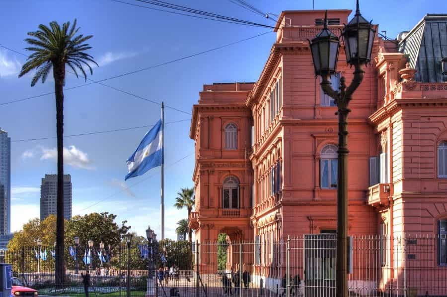 The Argentine flag flies outside of the Casa Rosada in Buenos Aires, Argentina.