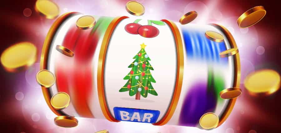 A slot machine with a Christmas tree icon.