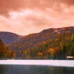 Fall foliage on the trees around Cheat Lake in West Virginia, US.