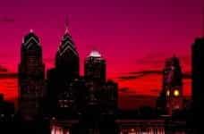 Sunset over the Philadelphia skyline in Pennsylvania, US.