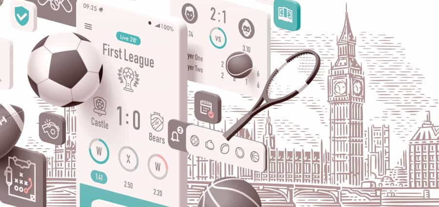 Sports betting odds, sports equipment and the UK Houses of Parliament.