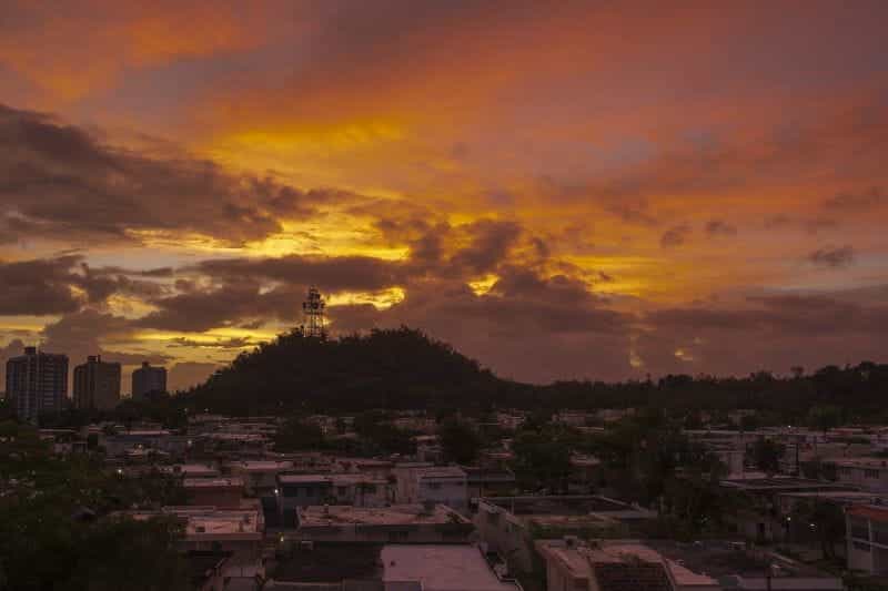 Sunrise over an urban landscape in Puerto Rico.