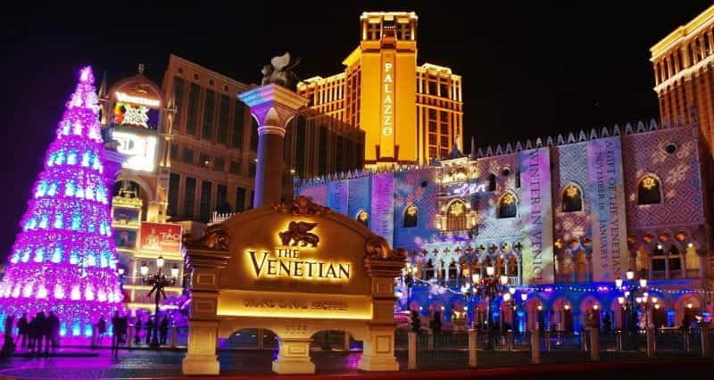 Christmas lights and a Christmas tree outside of the Venetian resort-casino in Las Vegas, Nevada.