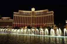 The fountain outside of the Bellagio resort-casino in Las Vegas, Nevada, at night.