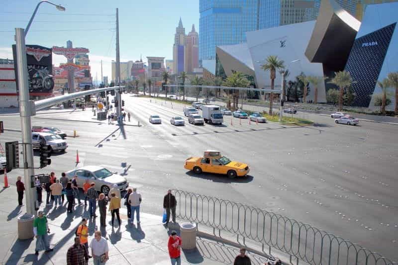 A sunny intersection on the Las Vegas Strip.