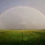 A full rainbow over a green grassy field.
