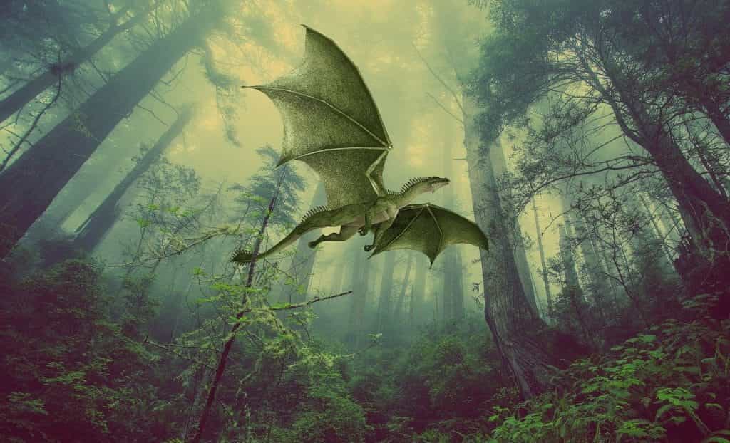 A green dragon flies in a forest.