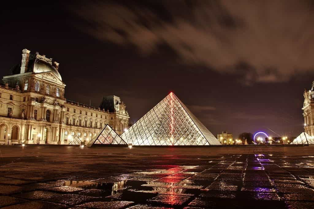 The capital city of France, Paris, and the world-famous Louvre museum.