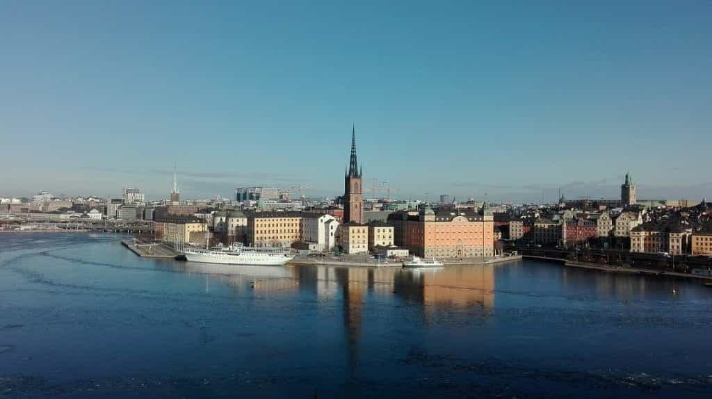 A view of the center of the Swedish capital city of Stockholm from the water.