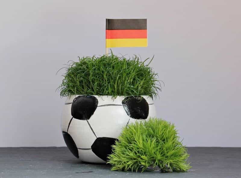 A football with its top cut off, showing grass and the German national flag sticking out of it.