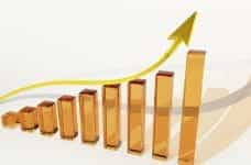 A bar graph showing exponential growth by rising bars and a large ascending arrow.