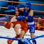 A red boxer and a blue boxer fighting in the ring.