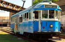 A blue trolley in Memphis, Tennessee.