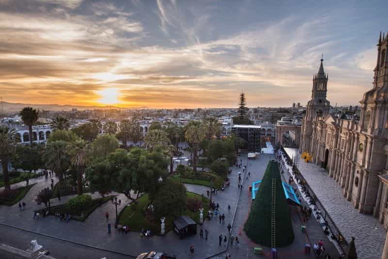 A cathedral next to a plaza in Arequipa, Peru.