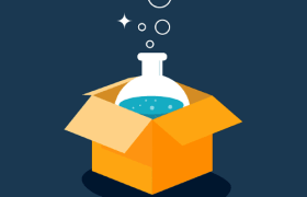 An open cardboard box featuring a flask with a bubbling chemical solution inside.