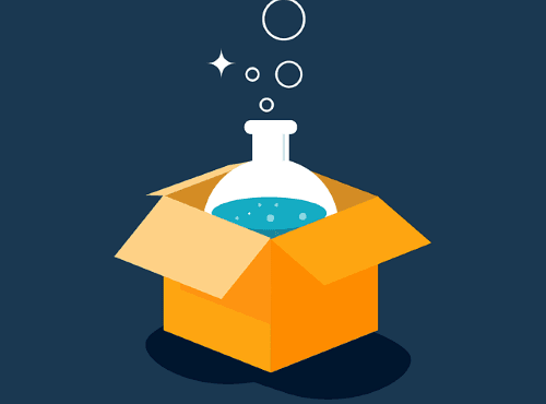 An open cardboard box featuring a flask with a bubbling chemical solution inside.