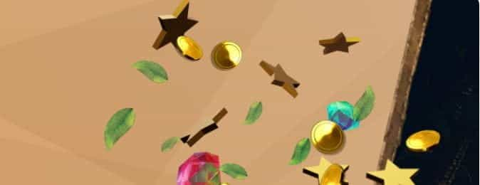 Stars, leaves, gems and coins on a beige background.