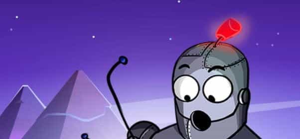 A robot with a bright red light on the top of its head.