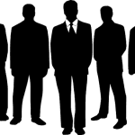 Silhouettes of five men in suits holding executive positions at a company.
