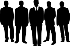 Silhouettes of five men in suits holding executive positions at a company.