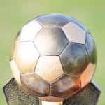 A silver soccer ball at the top of a trophy is in the center.