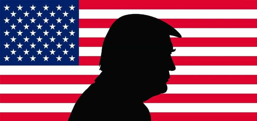 Sillhouette of Donald Trump with an American flag backdrop.
