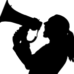 The silhouette of a woman yelling into a megaphone.