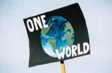 A protest sign with a picture of the earth, with "One World" written on it.