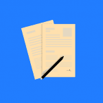 A set of application documents with a black pen resting atop.