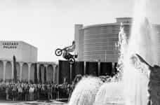 Motorcycle stunt man Evel Knievel jumping over the fountains at Caesars Palace in Las Vegas.