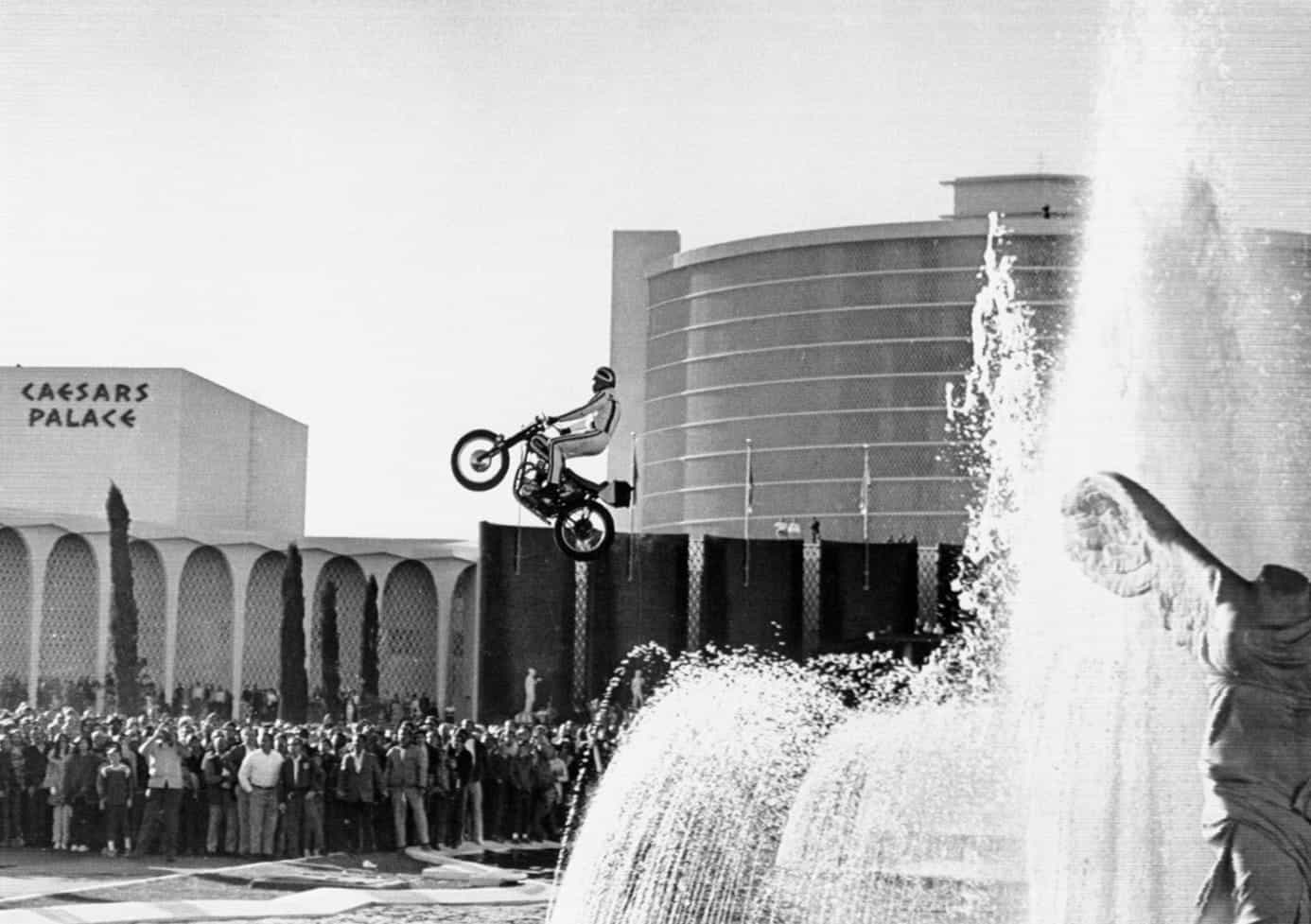Motorcycle stunt man Evel Knievel jumping over the fountains at Caesars Palace in Las Vegas.