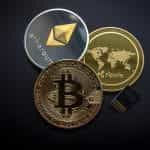 Crypto coins Ripple Ethereum and Bitcoin.
