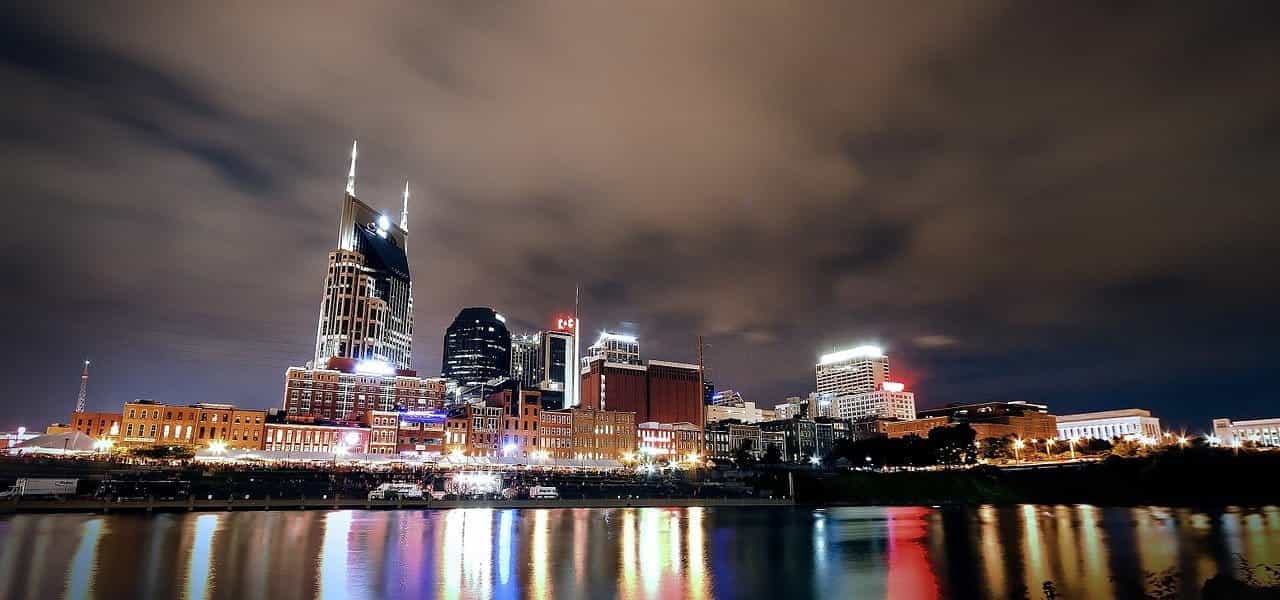 The downtown night-time skyline of Nashville, Tennessee.