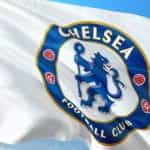 A white flag with the Chelsea Football Club crest on it.