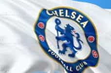 A white flag with the Chelsea Football Club crest on it.