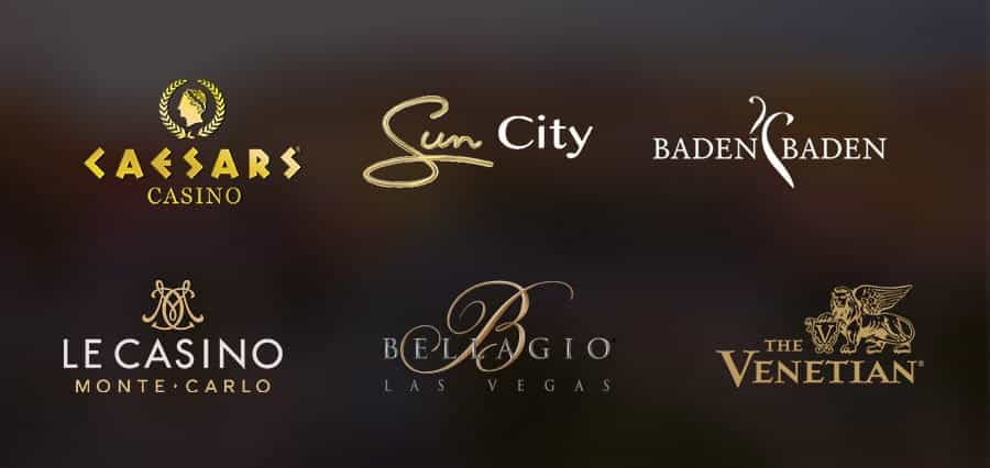 Names of famous casinos, including Caesars, Sun City, Baden Baden, Le Casino Monte Carlo, Bellagio and the Venetian.