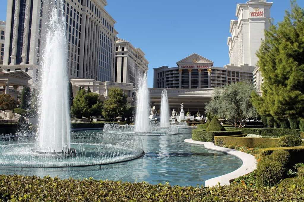 Caesars Palace casino in Las Vegas with water fountains.