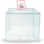 A see-through ballot box with a marked ballot paper being dropped into it.