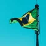 The Brazilian flag waves in the wind.