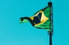 The Brazilian flag waves in the wind.