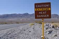 Extreme heat warning sign in Death Valley National Park.