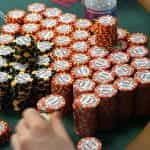 A neatly stacked pile of poker chips at the World Series of Poker. @copy;GettyImages