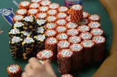A neatly stacked pile of poker chips at the World Series of Poker. @copy;GettyImages